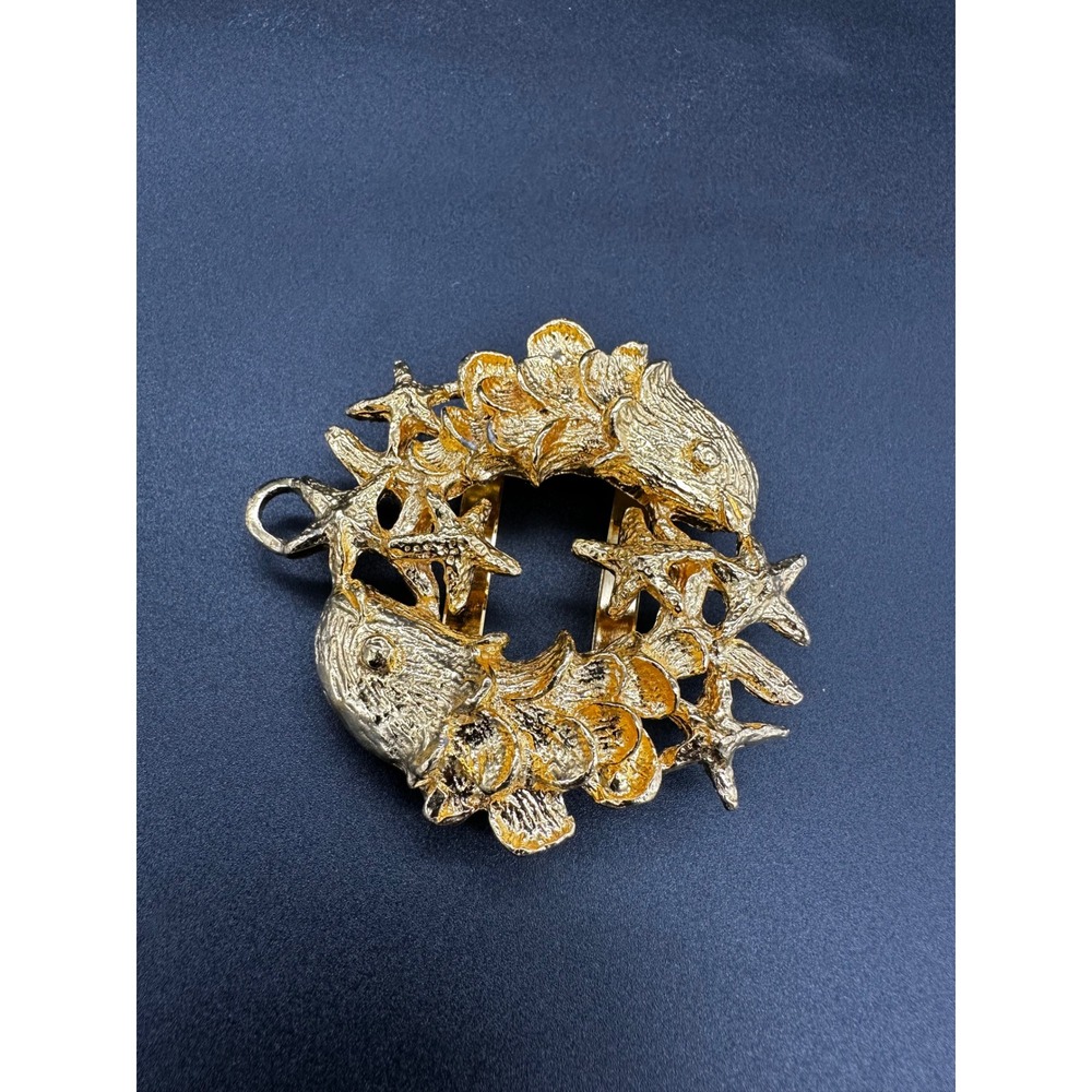 Mimi di N 1972 Nautical Scarf Slide Pendant Gold Starfish Fish Vintage